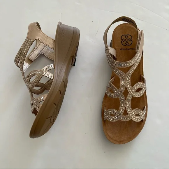 Daisy Fuentes Tan Rhinestone Crystal Embellished Strappy Wedge Sandals - Picture 4 of 10